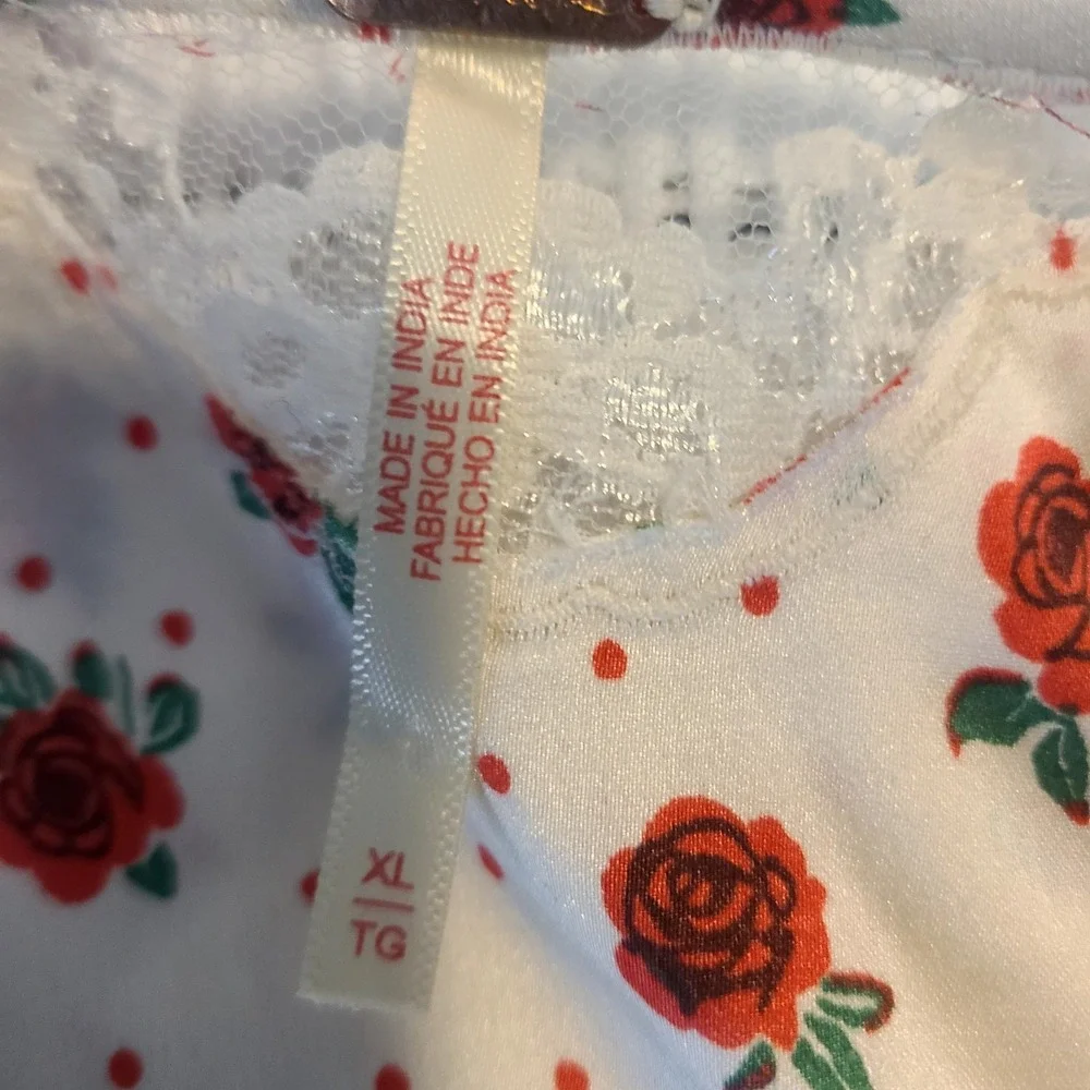 Free People Field Of Roses Satin Lace‎ Top L Cream Red Coquette Peasant Blouse